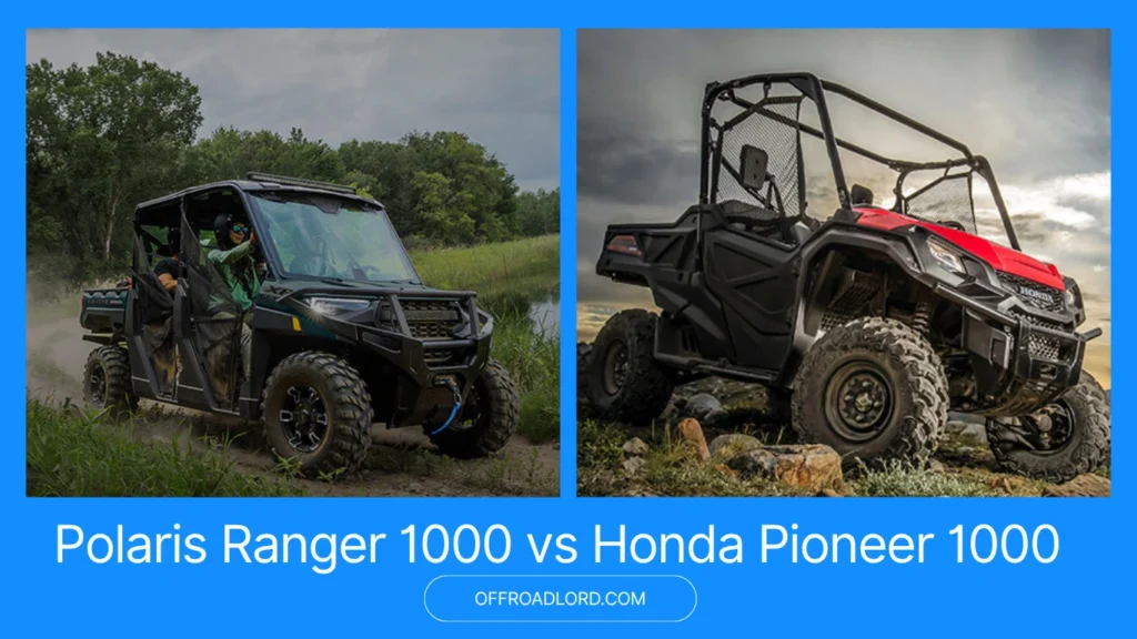 Ranger 1000 vs Pioneer 1000 comparison graphic showing width, clearance, towing, bed size, and price.