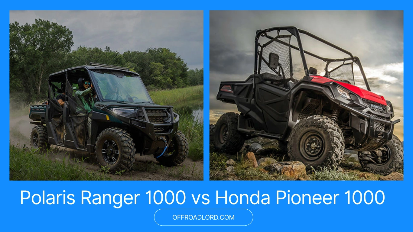 Ranger 1000 vs Pioneer 1000 comparison graphic showing width, clearance, towing, bed size, and price.