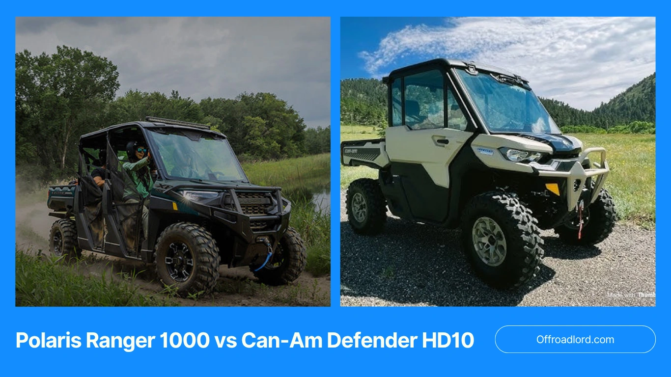 Polaris Ranger 1000 beside Can-Am Defender HD10, 2025 comparison.